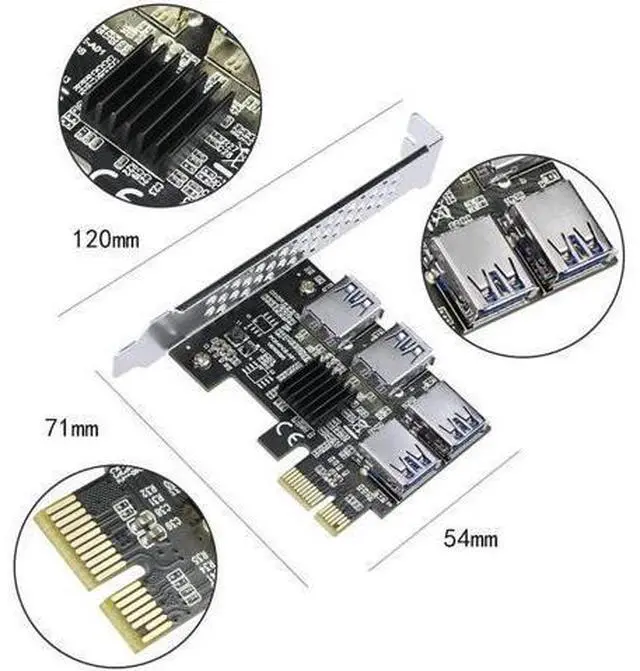Alt view image 13 of 14 - PCI-E 1X to 16X Riser Card, PCIe 1 to 4 Slot USB3.0 Adapter for Mining, No Cable