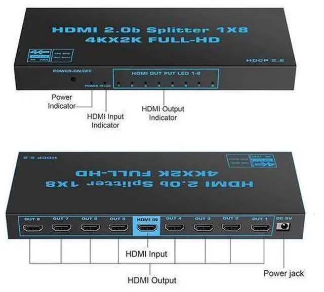 Alt view image 10 of 14 - 8K HDMI Splitter 1 in 8 Out, 1×8 HDMI Splitter Support 4Kx2K, 1080P, 3D, HDR, DTS/Doby-TrueHD for Xbox PS5/4 Roku Blu-Ray Player Apple TV