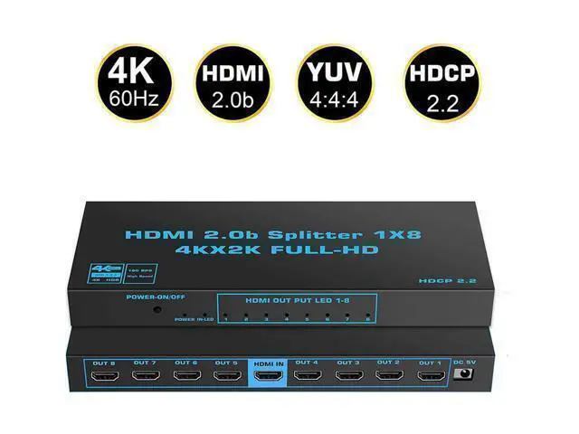 Alt view image 8 of 14 - HDMI Splitter 4K 60Hz 1X8 Multi-Resolution Output, HDMI 2.0 Splitter Supports HDR HDR10 / Dolby Vision 4K@60Hz 4:4:4 HDCP2.2 for Xbox PS5/4 Roku Blu-Ray Player Apple TV