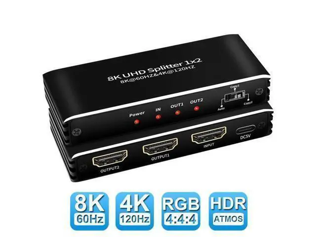 Alt view image 8 of 14 - 4K120Hz HDMI Splitter 1in2 Out,ESTONE 1x2 Power HDMI Splitter 2 Ports w/AC Adapter, 8Kx2K@30Hz 3D Full HD Distributor for Xbox PS5 Blu-Ray Player, HDTV Support 48Gbps, HDCP 2.3 RGB 4:4:4