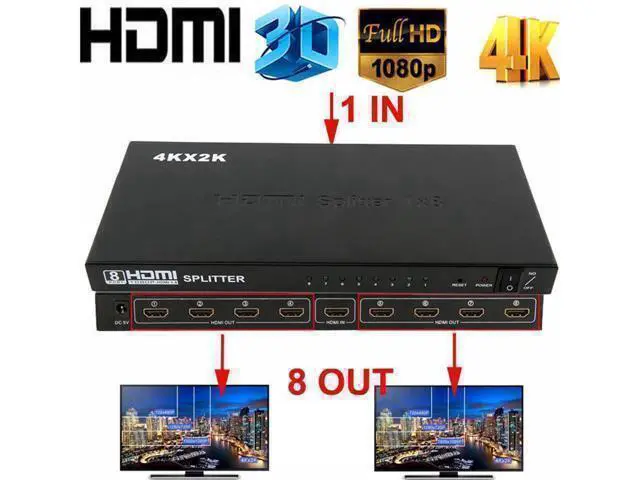 Alt view image 8 of 14 - 8 Port 1x8 HDMI Splitter 8 Way HDMI Powered Splitter Ultra HD 4K,Full HD 1080P 3D Support One Input to Eight Outputs Compatible for Projector HDTV STB DVD PS3 Etc Power Supply Adapter