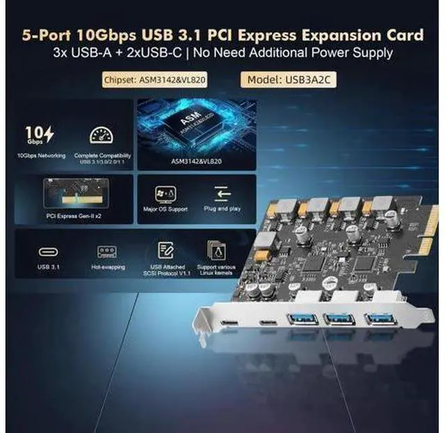 Alt view image 11 of 14 - Aomoproing PCIE to USB 3.2 Gen2 10G Expansion Card, 5 Port 3X USB Type-A and 2X Type-C Ports, Self-Powered, USB3.2 Hub Controller Adapter for Windows 10/11
