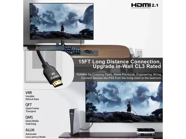 Alt view image 11 of 14 - 8K HDMI 2.1 Cable 15 FT, In-Wall CL3 Rated HDMI 2.1 Cord, Support 8K@60Hz, 4K@120Hz, HDR10+, eARC, SBTM, VRR, QFT, ALLM, 3D, HDCP 2.3 for TV, Monitor, Computer, Laptop, PS5, Xbox, Projector, Soundbar