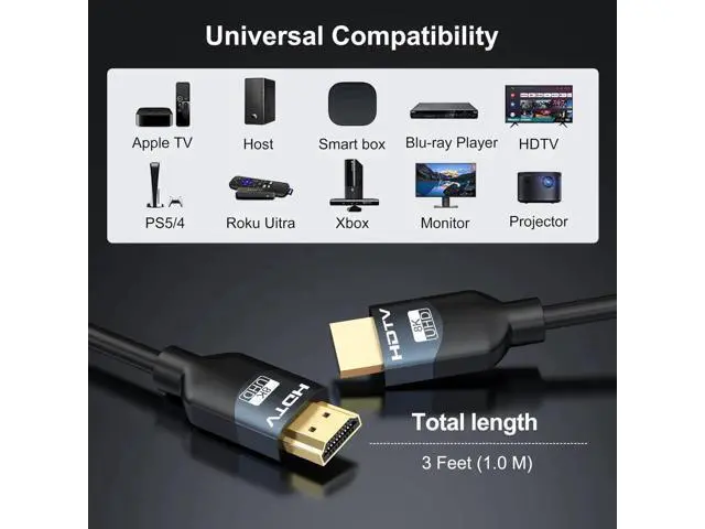 Alt view image 14 of 14 - 8K HDMI 2.1 Cables 3FT 5-Pack, High Speed HDMI Gaming Monitor Cable for PS5 TV-8K ARC&eARC HDMI Cord-165/180/240Hz, HDCP2.3, 3D/HDR10 for Soundbar, PS5, PS4, TV, Xbox, Roku, Cinema, Computer, Monitor
