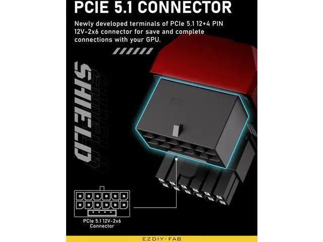 Alt view image 11 of 14 - PCIe 5.0 Adapter - 600W 12+4pin, 16pin 12VHPWR GPU Power Connector, 12V-2x6 GPU Adapter,180 Degree Right Angle - Compatible with RTX 3090Ti, 4070Ti, 4080, 4090 GPU- STD Type, Red, 1 Pack