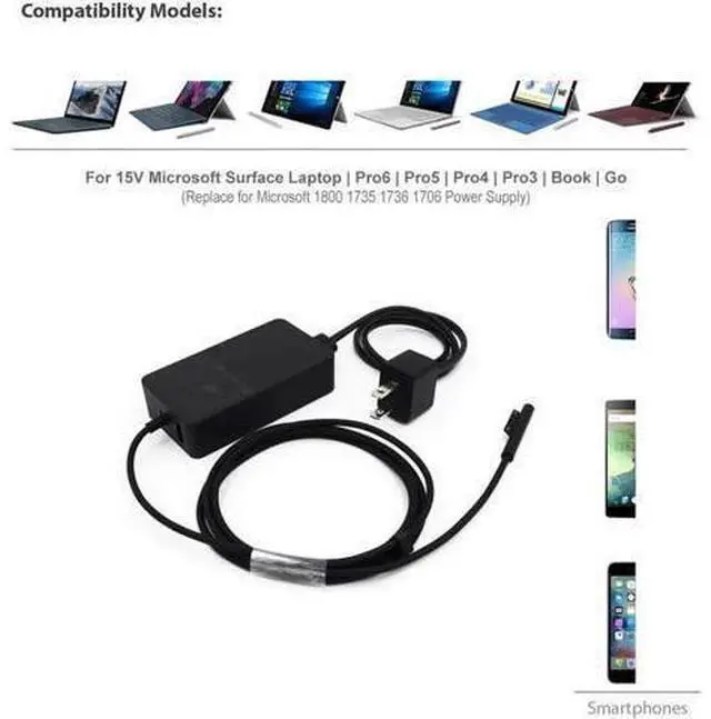 Alt view image 9 of 14 - 15V 2.58A Surface 44W Power Supply for Surface Pro 6 Charger Surface Laptop 2 Pro 5 Pro 4 Pro 3 Go Microsoft 1800 Surface 44W Power Ac Adapter Cord with 5V USB Port and US Extension Cord