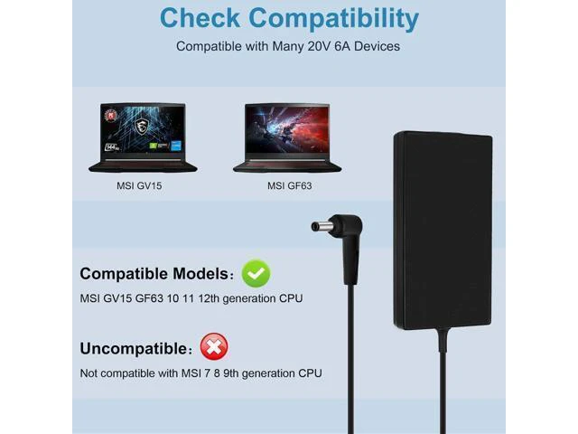Alt view image 9 of 14 - 120W Charger for msi Laptop Charger msi gf63 gv15 GV15-Thin-11SC GF63 Thin 10 11 12Th Intel core Laptop ms-16r5 ms-16r6 ms-16r7 adp-120vh d a17-120p2a