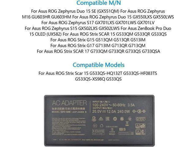 Alt view image 11 of 14 - ADP-240EB B 20V 12A 240W AC Adapter Power Supply for ASUS ROG 15 RTX2080 Laptop Charger with Power Cord