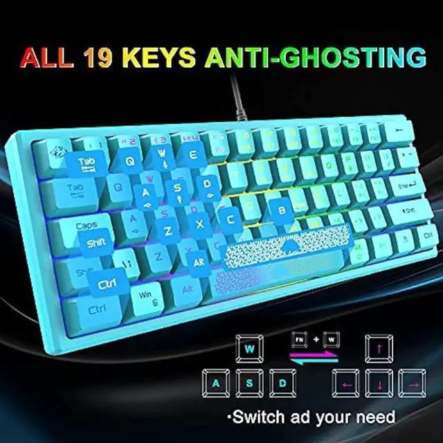 Alt view image 9 of 14 - 60% Gaming Keyboard and Mouse Combo Rainbow LED Backlit Keyboard with 61 Keys Membrane Mini Portable Ergonomic Design Ultralight Gaming Mouse 6400 DPI,Gaming Mouse Pad for Windows PC Gamers(Blue)