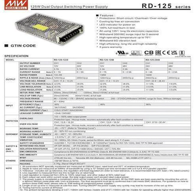 Alt view image 13 of 14 - Mean Well 125W Dual Output Switching Power Supply Pc Convert-A-Bench Laboratory Dc Power Supply Semi Modular (RD-125-1248 138W/Dual Output Supply)