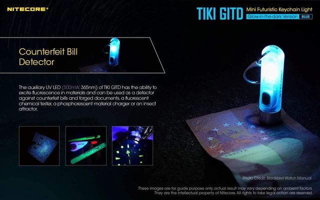 Alt view image 9 of 12 - Tiki GITD Blue Keychain Flashlight with UV & High CRI Light, 300 Lumen Everyday Carry EDC USB-C Rechargeable with Charging Cable