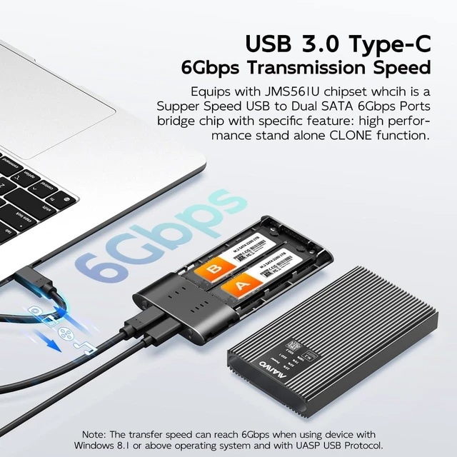 Alt view image 8 of 12 - M.2 SATA Cloner Duplicator, Dual Bay M.2 SATA SSD Enclosure Reader, 5Gbps USB3.1 Type-C, Support M.2 NGFF SATA B+M Key SSD, Tool Free, All Aluminum