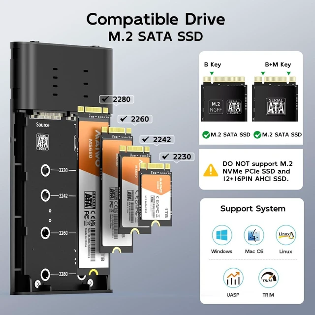 Alt view image 10 of 12 - M.2 SATA Cloner Duplicator, Dual Bay M.2 SATA SSD Enclosure Reader, 5Gbps USB3.1 Type-C, Support M.2 NGFF SATA B+M Key SSD, Tool Free, All Aluminum