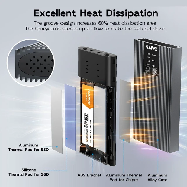 Alt view image 11 of 12 - M.2 SATA Cloner Duplicator, Dual Bay M.2 SATA SSD Enclosure Reader, 5Gbps USB3.1 Type-C, Support M.2 NGFF SATA B+M Key SSD, Tool Free, All Aluminum
