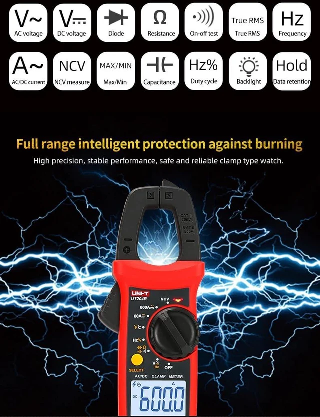 Alt view image 13 of 14 - Multimeter clamp Meter UT201R/UT202R/UT203R/UT204R/UT202F AC/DC 400/600A Digital Ammeter clamp Meter DC AC for Measuring Ammeter Voltmeter Ohm Tester(UT201R)