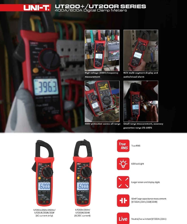 Alt view image 14 of 14 - Multimeter clamp Meter UT201R/UT202R/UT203R/UT204R/UT202F AC/DC 400/600A Digital Ammeter clamp Meter DC AC for Measuring Ammeter Voltmeter Ohm Tester(UT201R)