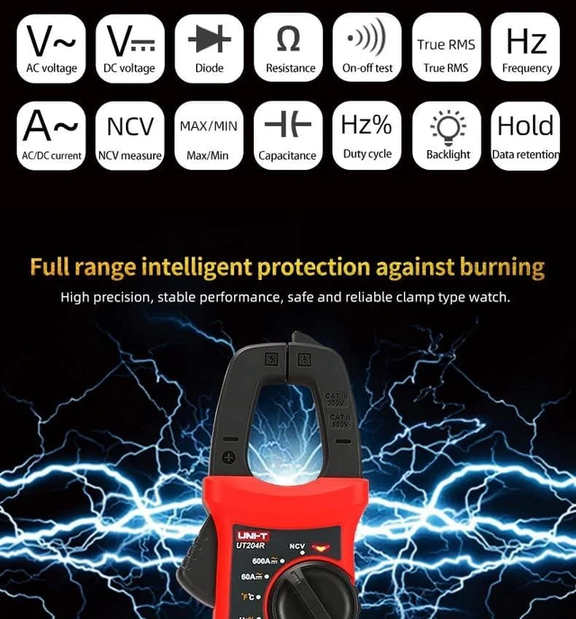 Alt view image 10 of 14 - Multimeter clamp Meter UT201R/UT202R/UT203R/UT204R/UT202F AC/DC 400/600A Digital Ammeter clamp Meter DC AC for Measuring Ammeter Voltmeter Ohm Tester(UT202R)