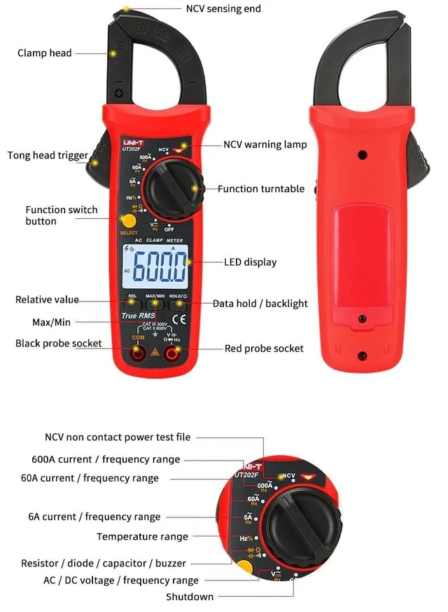 Alt view image 12 of 14 - Multimeter clamp Meter UT201R/UT202R/UT203R/UT204R/UT202F AC/DC 400/600A Digital Ammeter clamp Meter DC AC for Measuring Ammeter Voltmeter Ohm Tester(UT202R)
