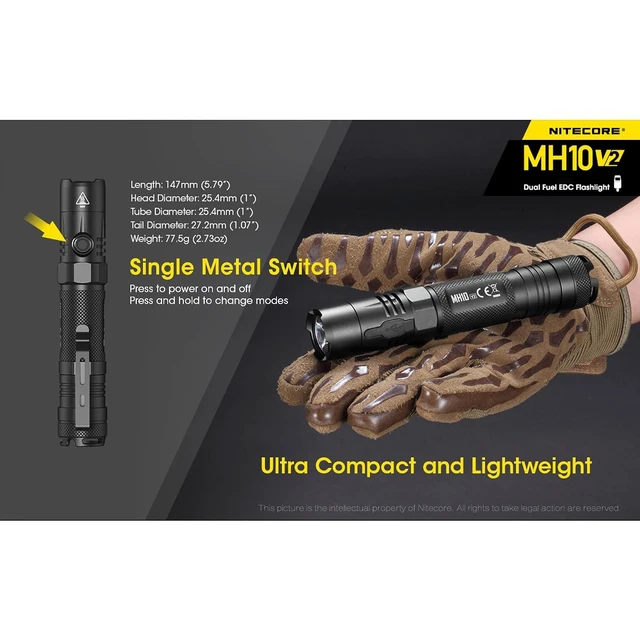 Alt view image 12 of 14 - MH10 v2 Rechargeable Flashlight, 1200 Lumen LED USB-C Fast Charging Side Switch Compact for EDC Pocket Carry with LumenTac Organizer