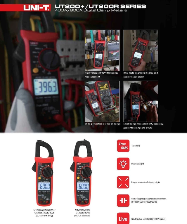 Alt view image 14 of 14 - Multimeter clamp Meter UT201R/UT202R/UT203R/UT204R/UT202F AC/DC 400/600A Digital Ammeter clamp Meter DC AC for Measuring Ammeter Voltmeter Ohm Tester(UT202R)