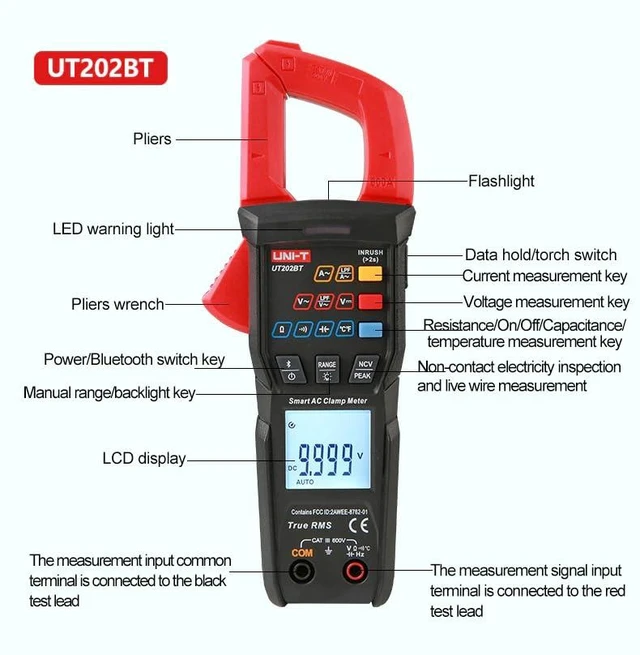 Alt view image 9 of 14 - Multimeter clamp Meter UT202B UT202BT Digital clamp Meter 600A DC Current Pliers Ammeter Voltage Tester Temperature Frequency Meter Auto Range(UT202BT)