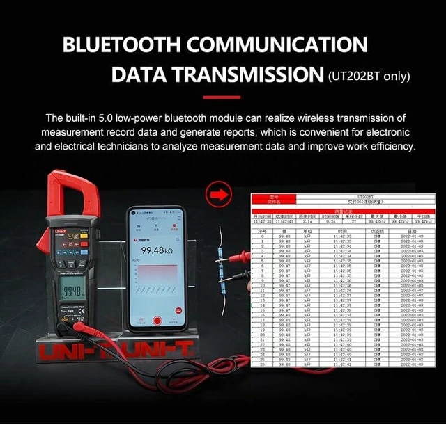 Alt view image 11 of 14 - Multimeter clamp Meter UT202B UT202BT Digital clamp Meter 600A DC Current Pliers Ammeter Voltage Tester Temperature Frequency Meter Auto Range(UT202BT)