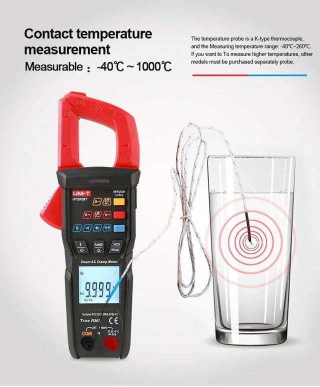 Alt view image 12 of 14 - Multimeter clamp Meter UT202B UT202BT Digital clamp Meter 600A DC Current Pliers Ammeter Voltage Tester Temperature Frequency Meter Auto Range(UT202BT)