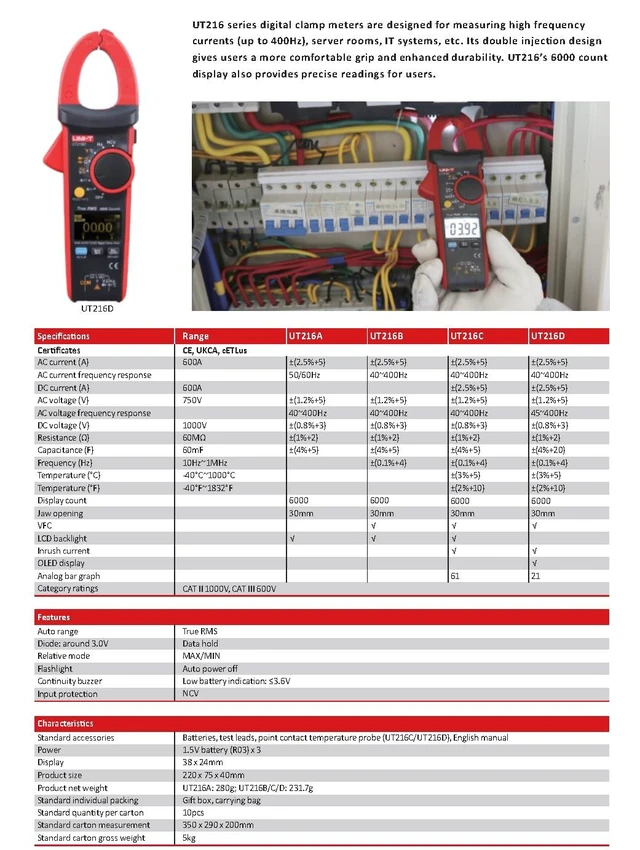 Alt view image 14 of 14 - Multimeter clamp Meter UT216 Series True RMS Digital clamp Meter UT216A UT216B UT216C UT216D 600A MAX/MIN/Relative Modes NCV Flashlight VFC Current Clamps Current clamp Meter(UT216A)