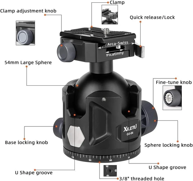 Alt view image 9 of 12 - Aluminum Ball Head for Shooting Tripod 360° Panoramic Ball Head for DSLR Camera Compatible with Arca Swiss and Picatinny Maximum Load Capacity of 77lbs for Hunting and Photography (54mm)