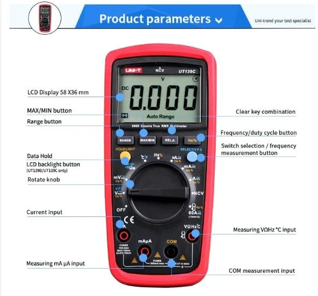 Alt view image 12 of 14 - Multimeter clamp Meter UT139A UT139B UT139C UT139D UT139E UT139S True RMS Digital Multimeter MAX/MIN/REL Modes Auto/Manual Ranges Selectable(UT139C)