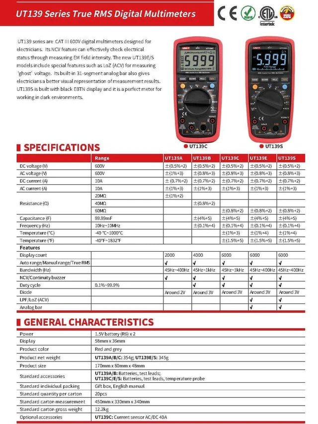 Alt view image 14 of 14 - Multimeter clamp Meter UT139A UT139B UT139C UT139D UT139E UT139S True RMS Digital Multimeter MAX/MIN/REL Modes Auto/Manual Ranges Selectable(UT139C)