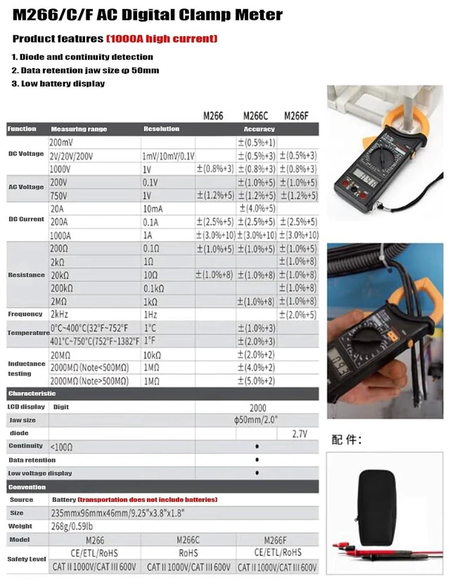 Alt view image 10 of 12 - M266 M266C M266F Digital Clamp Meter Current Pliers Voltage Circuit Tester Pincers Multimeter Homeheld Professional Electrical Tool(M266F)