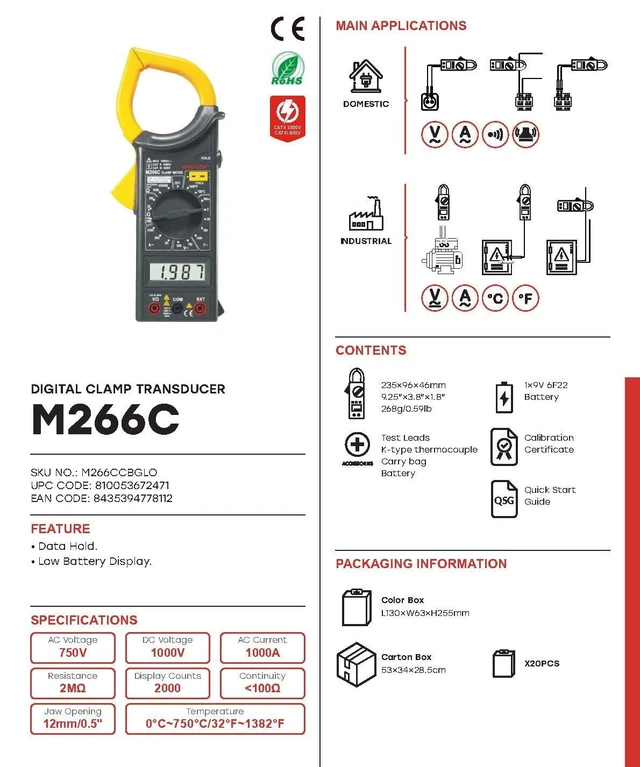 Alt view image 8 of 10 - M266 M266C M266F Digital Clamp Meter Current Pliers Voltage Circuit Tester Pincers Multimeter Homeheld Professional Electrical Tool(M266C)