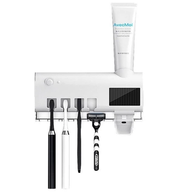 Alt view image 6 of 6 - Wall-Mounted Toothbrush Holder with Automatic Toothpaste Dispenser Induction Sanitizer Touchless Oral Care Organizer No-Drill Self-Adhesive ABS Bathroom Storage for Manual and Electric Toothbrushes