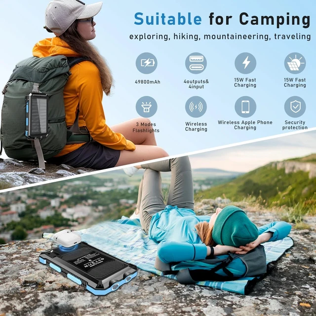 Alt view image 14 of 14 - SOEWIOU 49800mAh Solar Power Bank Portable Charger with Wireless Charger for Apple Watch,iPhone,Fast Charging Travel Battery Pack with Camping Flashlight,Compatible with All Mobile PhonesBlue)