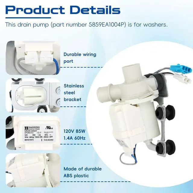 Alt view image 3 of 7 - 5859EA1004P Washer Drain Pump Assembly,5859EA1004P Washer Drain Pump Motor, 5859EA1004F 5859EA1004E 5859EA1004G