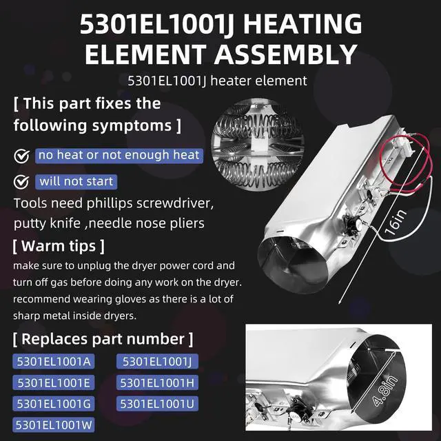 Alt view image 3 of 6 - Upgraded5301EL1001J 5301EL1001H Dryer Heating Element Assembly Replacement for LG DLE5977W DLE2240W DLE3170W-Perfect Replacement for 5301EL1001A,5301EL1001E,5301EL1001H,5301EL1001G, 5301EL1001U