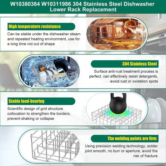 Alt view image 3 of 7 - Upgraded 304 Stainless Steel W10311986 W10380384 Dishwasher Lower Rack Replacement for Whirlpool Dishwasher Bottom Rack 300563, DU911PCDQO with WP3376961 Wheels