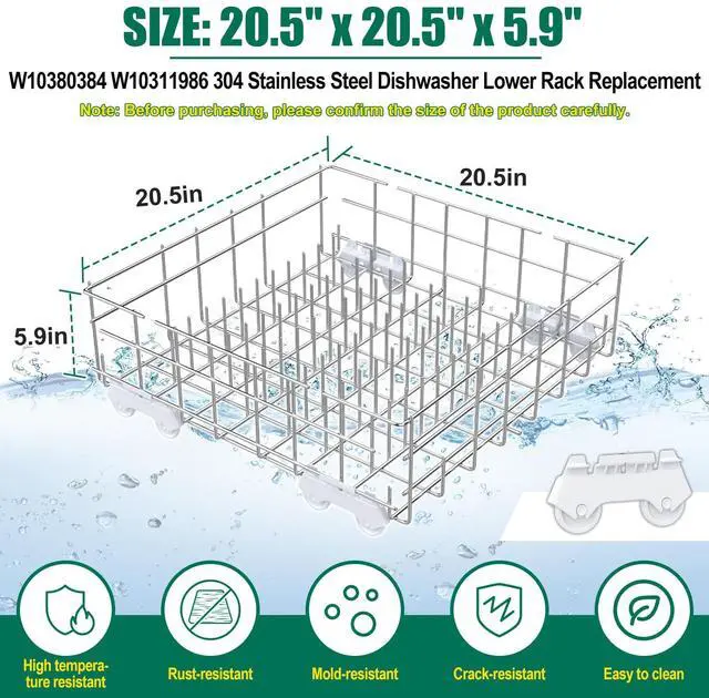 Alt view image 2 of 7 - Upgraded 304 Stainless Steel W10311986 W10380384 Dishwasher Lower Rack Replacement for Whirlpool Dishwasher Bottom Rack 300563, DU911PCDQO with WP3376961 Wheels