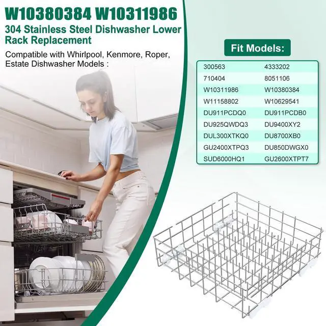Alt view image 5 of 7 - Upgraded 304 Stainless Steel W10311986 W10380384 Dishwasher Lower Rack Replacement for Whirlpool Dishwasher Bottom Rack 300563, DU911PCDQO with WP3376961 Wheels