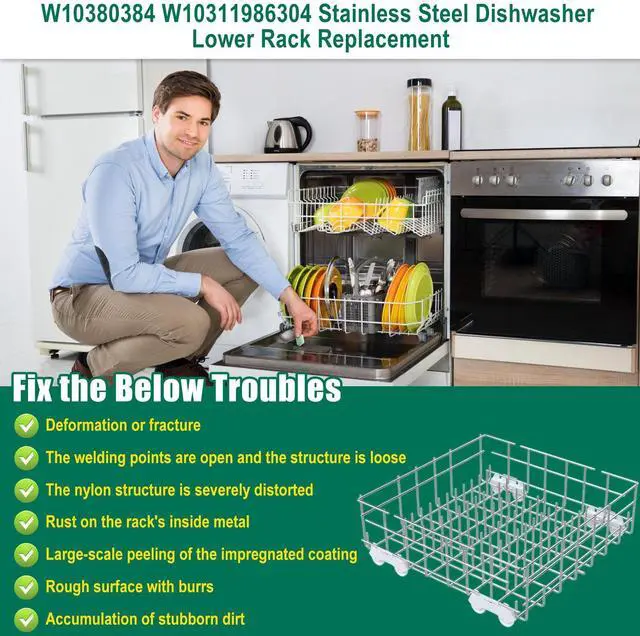Alt view image 7 of 7 - Upgraded 304 Stainless Steel W10311986 W10380384 Dishwasher Lower Rack Replacement for Whirlpool Dishwasher Bottom Rack 300563, DU911PCDQO with WP3376961 Wheels