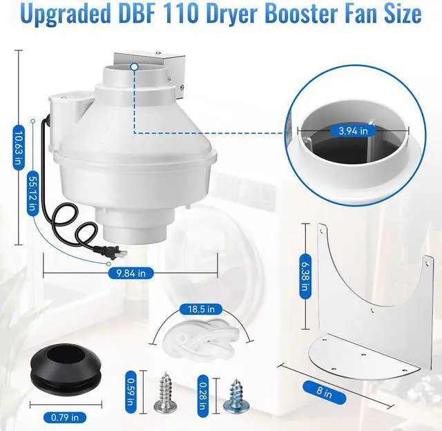 Alt view image 4 of 7 - 4 Inch Dryer Booster Fan with Pressure Switch for Auto On/Off DBF 110 | 167 CFM Vent Booster Fan for Long Duct Runs, Reduces Drying Time & Lint Buildup, Indoor/Outdoor Inline Fan with Plug