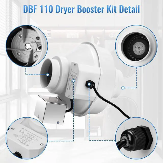 Alt view image 5 of 7 - 4 Inch Dryer Booster Fan with Pressure Switch for Auto On/Off DBF 110 | 167 CFM Vent Booster Fan for Long Duct Runs, Reduces Drying Time & Lint Buildup, Indoor/Outdoor Inline Fan with Plug