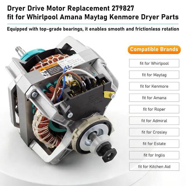 Alt view image 3 of 7 - Upgraded 279827 S58TVNBG-7091 Dryer Drive Motor fit for Whirlpool Maytag | W10194250 Dryer Motor fit for Roper Amana Estate Kenmore Elite HT3 70 80 90 W10448892 8066206 3395654 3398046 3391888 3395652