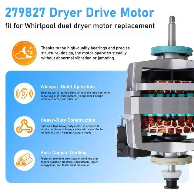 Alt view image 4 of 7 - Upgraded 279827 S58TVNBG-7091 Dryer Drive Motor fit for Whirlpool Maytag | W10194250 Dryer Motor fit for Roper Amana Estate Kenmore Elite HT3 70 80 90 W10448892 8066206 3395654 3398046 3391888 3395652