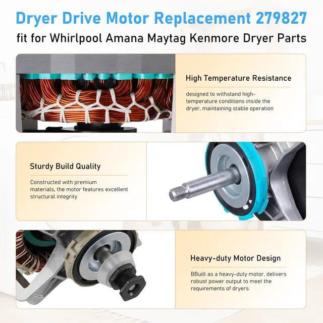 Alt view image 5 of 7 - Upgraded 279827 S58TVNBG-7091 Dryer Drive Motor fit for Whirlpool Maytag | W10194250 Dryer Motor fit for Roper Amana Estate Kenmore Elite HT3 70 80 90 W10448892 8066206 3395654 3398046 3391888 3395652