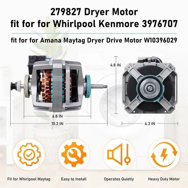 Alt view image 2 of 7 - Upgraded 279827 S58TVNBG-7091 Dryer Drive Motor fit for Whirlpool Maytag | W10194250 Dryer Motor fit for Roper Amana Estate Kenmore Elite HT3 70 80 90 W10448892 8066206 3395654 3398046 3391888 3395652