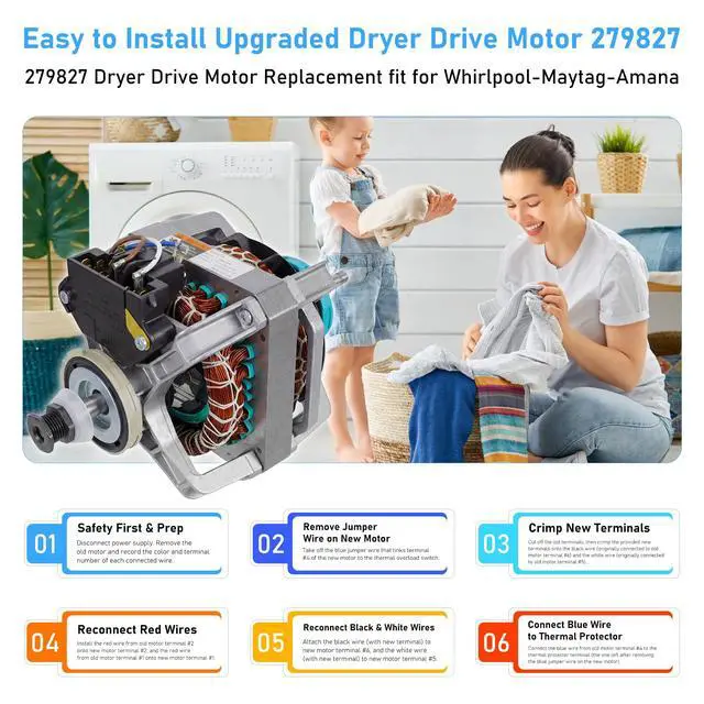 Alt view image 7 of 7 - Upgraded 279827 S58TVNBG-7091 Dryer Drive Motor fit for Whirlpool Maytag | W10194250 Dryer Motor fit for Roper Amana Estate Kenmore Elite HT3 70 80 90 W10448892 8066206 3395654 3398046 3391888 3395652