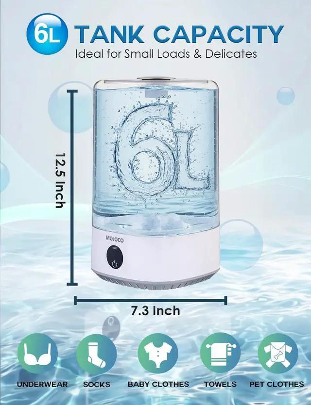 Alt view image 4 of 7 - Mini Washing Machine - 6L Small Portable Washing Machine with 3 Wash Modes for Underwear, Socks & Baby Clothes - Rechargeable Countertop Mini Washer for Dorms, Hotels, Travel & Camping