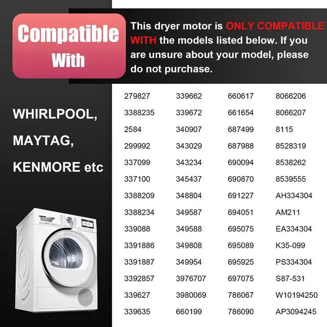 Alt view image 2 of 7 - Upgraded 279827 Dryer Motor Compatible with Whirlpool Kenmore Dryer | Replacement Parts Blower Motor